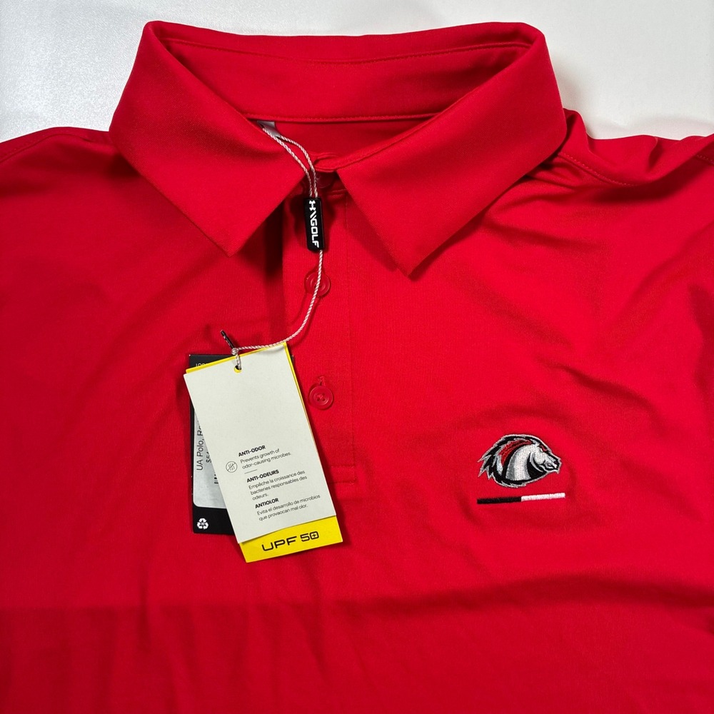 NEW Under Armour Polo Shirt Medium Red Mustang Horse Logo Loose Fit UPF 50 Golf